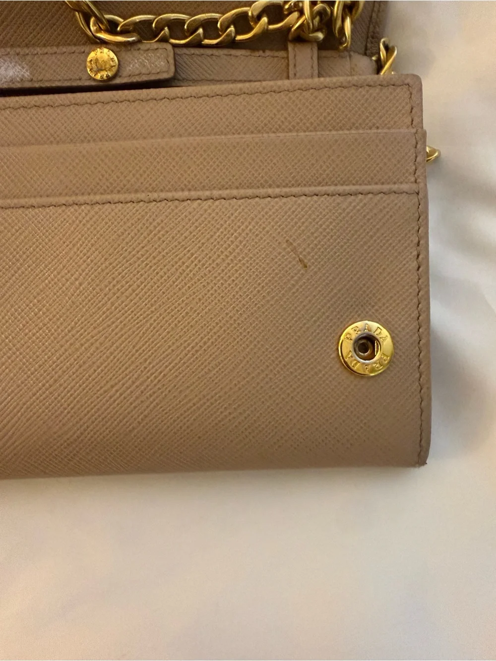 Prada Taupe Saffiano Chain Wallet with Gold Hardware